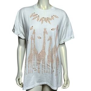P.G.B. Giraffe Print Embellished T-Shirt, Large, White, paint Beaded Design